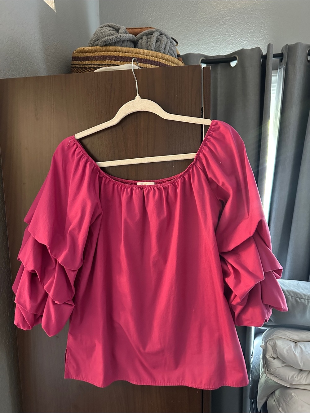C Women's Off-Shoulder Layered Ruffle Sleeve Blouse in Fuchsia